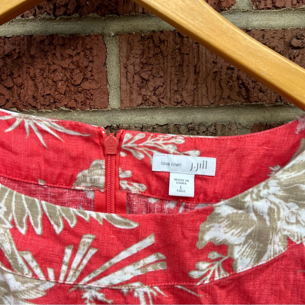 J. Jill Coral Pink and White Floral Linen Boat Neck Short Sleeve Dress - Picture 2 of 3